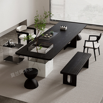 Solid wood tea table and chair combination light luxury and high-end modern tea making table integrated black carbonized large board office coffee table