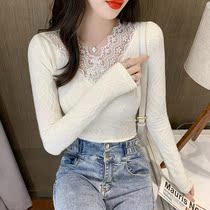 2021 autumn and winter New sexy V-neck lace stitching knit shirt womens long sleeve tight stretch inside base shirt