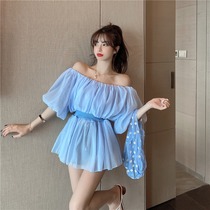 Shoulder chiffon shirt female 2021 summer new strapless short sleeve small shirt Foreign Air Age age bubble sleeve waist top