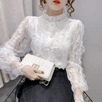 2021 Spring and Autumn new foreign style design sense stand collar bubble sleeve mesh coat top women with short lace base shirt