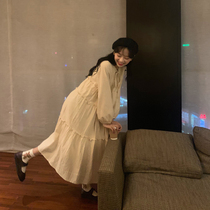 French niche retro spring 2021 new womens long-sleeved Korean version loose temperament medium-long apricot dress
