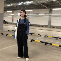 Big sim bib pants Female loose student Korean version college style versatile thin wide leg pants Denim casual pants pants