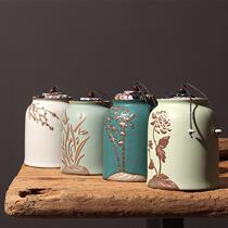Ceramic trumpet hand-painted embossed tea jar handmade Ru kiln stoneware retro storage jar Puer tea jar Kung Fu tea set