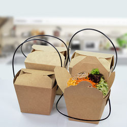 Disposable kraft paper square bottom lunch box deli bucket portable rope food takeout box packaging box pasta beef square bucket