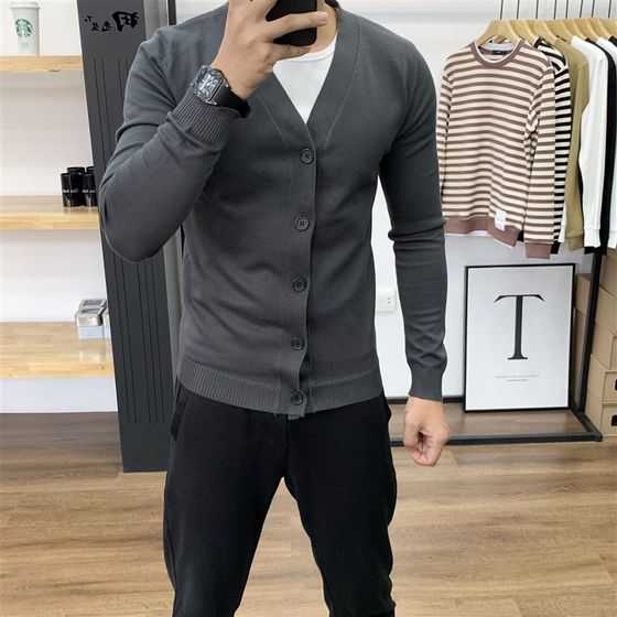 Autumn and winter thin knitted men's cardigan jacket trendy handsome solid color versatile sweater slim long-sleeved casual thread Autumn and winter thin knitted men's cardigan jacket trendy handsome solid color versatile sweater slim long-sleeved casual thread