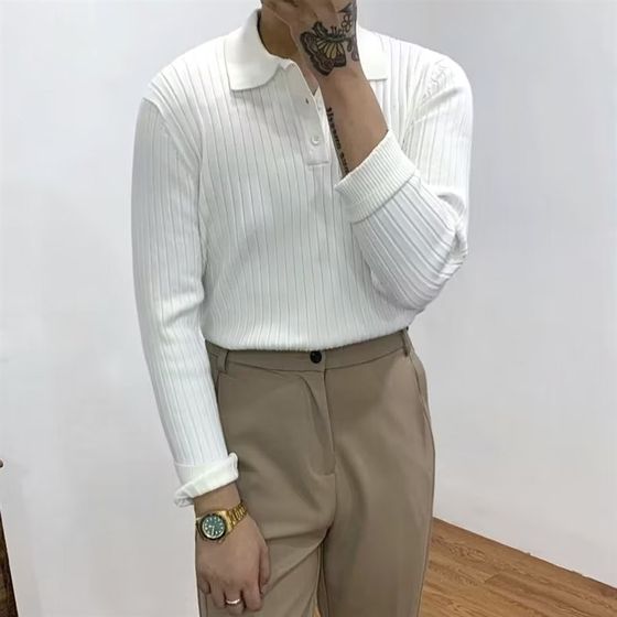 American tough guy knitted polo shirt muscular men tight long sleeve thin thread sweater T-shirt lapel pit strip cardigan trendy American tough guy knitted polo shirt muscular men tight long sleeve thin thread sweater T-shirt lapel pit strip cardigan trendy