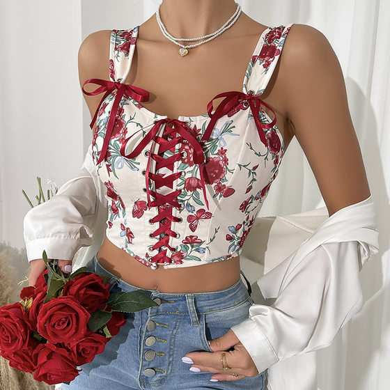 New French retro printed sexy short lace-up corset European and American floral suspender vest top
New French retro printed sexy short lace-up corset European and American floral suspender vest top