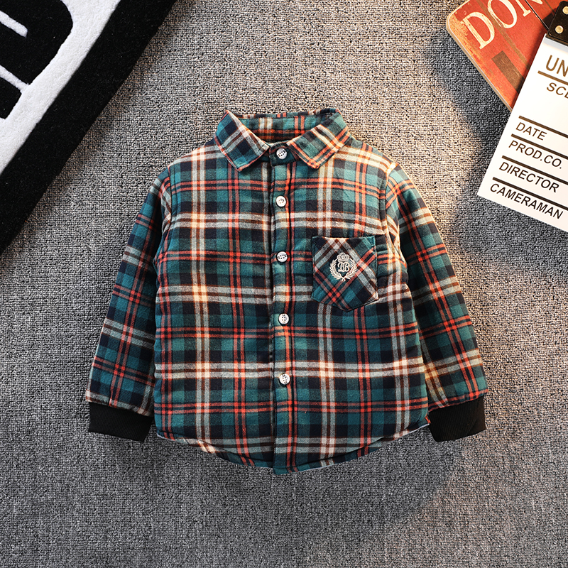 Boys' cotton shirt jacket Spring and autumn winter children's thick shirt warm plaid small children's baby thin cotton coat