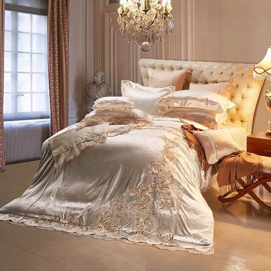 High-end luxury European princess style bed four-piece bed skirt lace quilt cover tribute satin embroidered bedding set
High-end luxury European princess style bed four-piece bed skirt lace quilt cover tribute satin embroidered bedding set