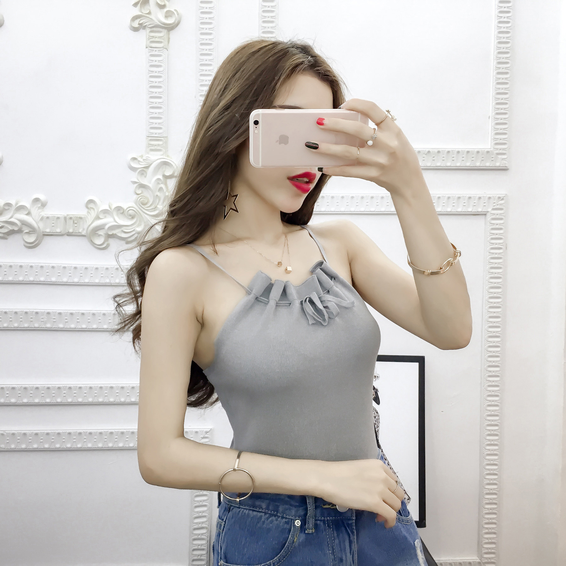 新款绑带露肩女装背心针织衫打底毛衣套头小吊带女