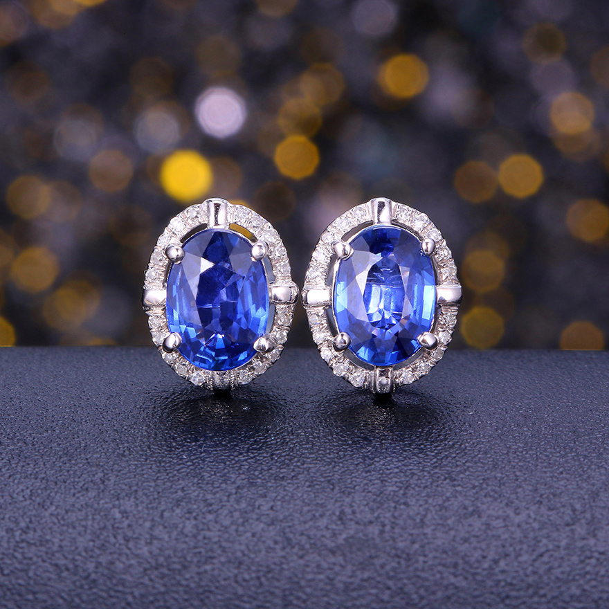 62ct天然蓝宝石耳钉镶0.12ct钻石 意禄珠宝 l1843