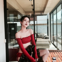 2021 new hot spring small chest gathered wine red long-sleeved split bikini thin net red swimsuit female