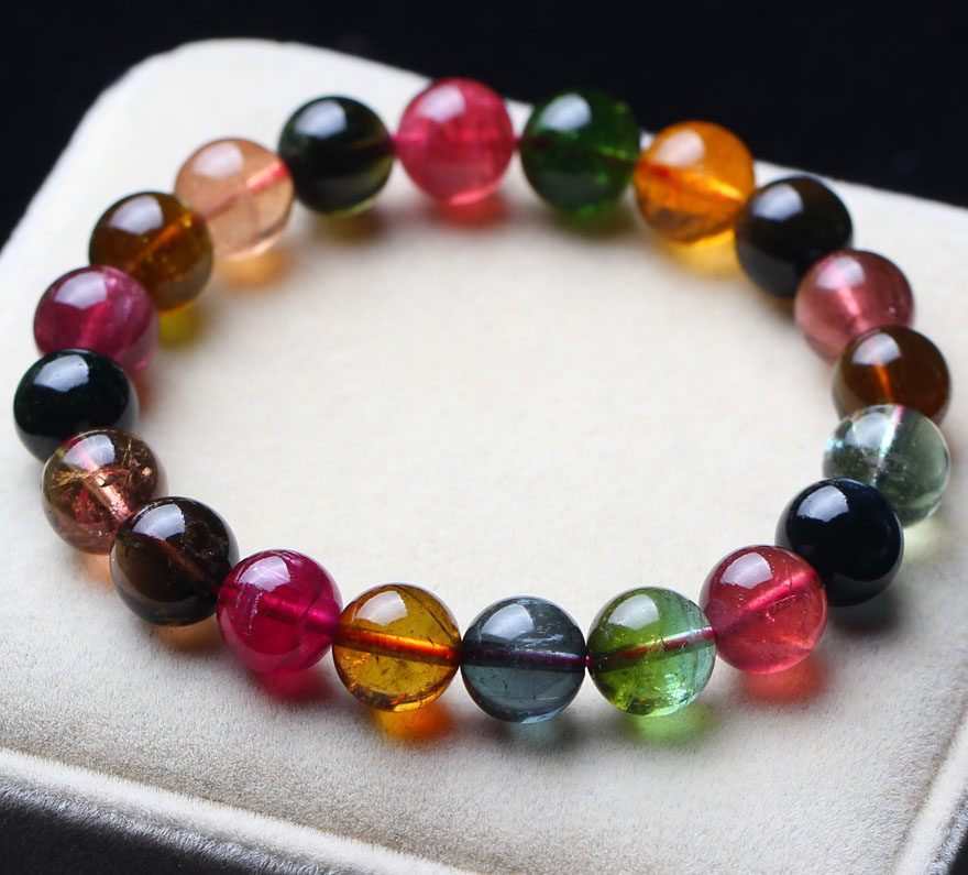 10mm 巴西天然老坑料碧玺手链 色泽浓艳 晶体通透