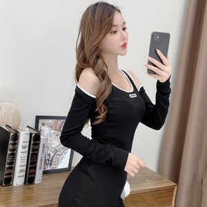 New sexy off shoulder stripe contrast long sleeve Hip Wrap Dress