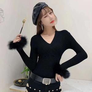 Sexy deep V long sleeve stitching real wool T-shirt