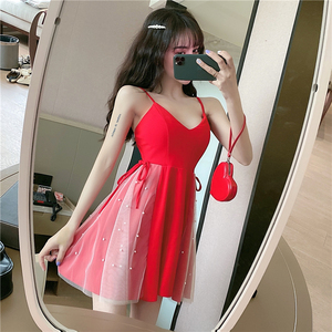 V-neck with suspender low cut temperament retro mesh nail bead skirt dress women show thin