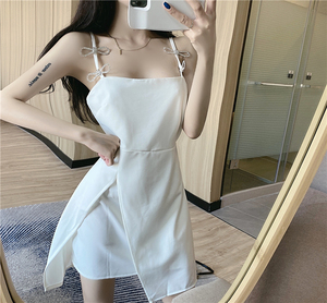 Summer bow decoration temperament sling skirt slit waist show thin short A-line dress