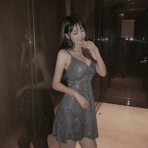 2019 glittering sling V-neck low chest waist elastic nightclub dress