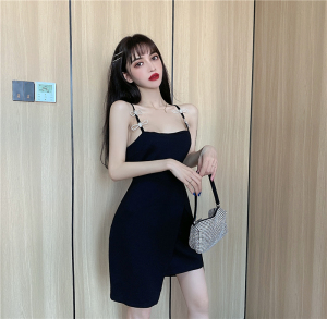 Summer bow decoration temperament sling skirt slit waist show thin short A-line dress