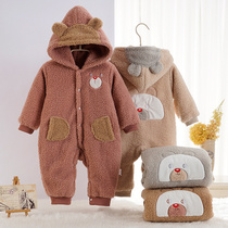 Baby one-piece clothespin cotton plus velvet Autumn and winter men and womens baby thickened hooded long-sleeved coat newborn clothing