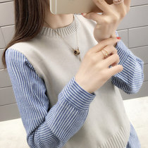 Fashion Korean version Temperament Fake Two Blouses Jacket 2022 Spring New Womens Clothing 100 Hitch Loose Knit Sweaters