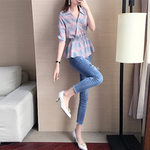 Chiffon top female summer 2021 New Short Sleeve design sense niche shirt Foreign color waist plaid shirt summer