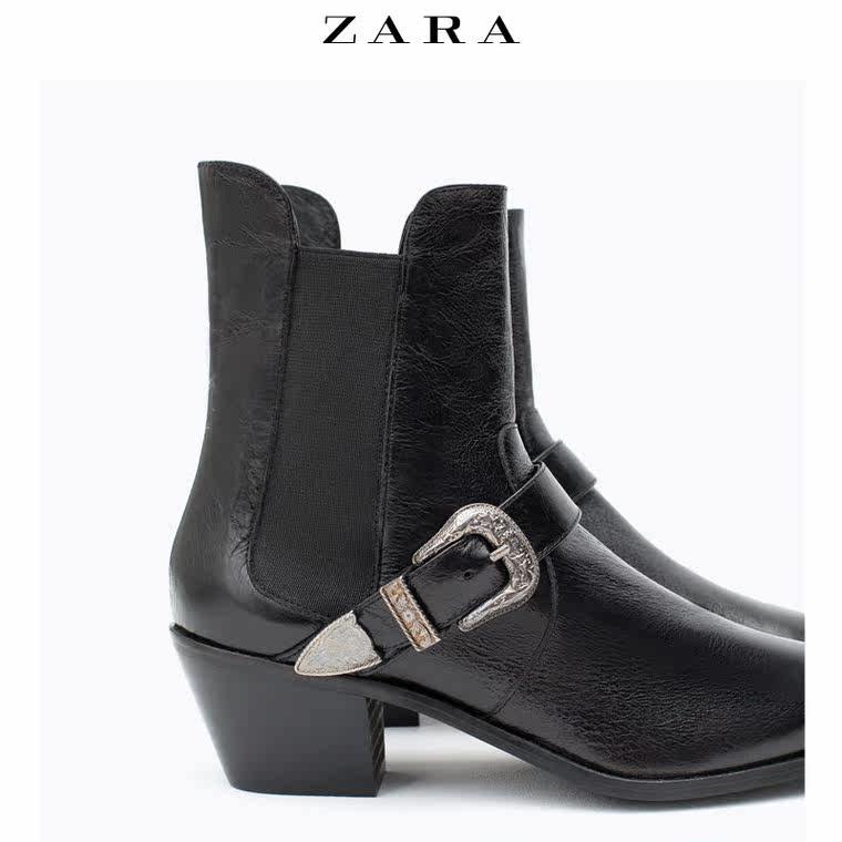 ZARA 女鞋 带扣高跟真皮短靴 16124001040