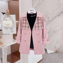 Girls Trench Coat 2021 Autumn New Tong Korean Plaid Patchwork Jacket Children Double Breasted Fashion Top