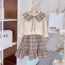 Girl set 2021 Autumn New Tong Tong sweater plaid vest skirt two-piece Korean version