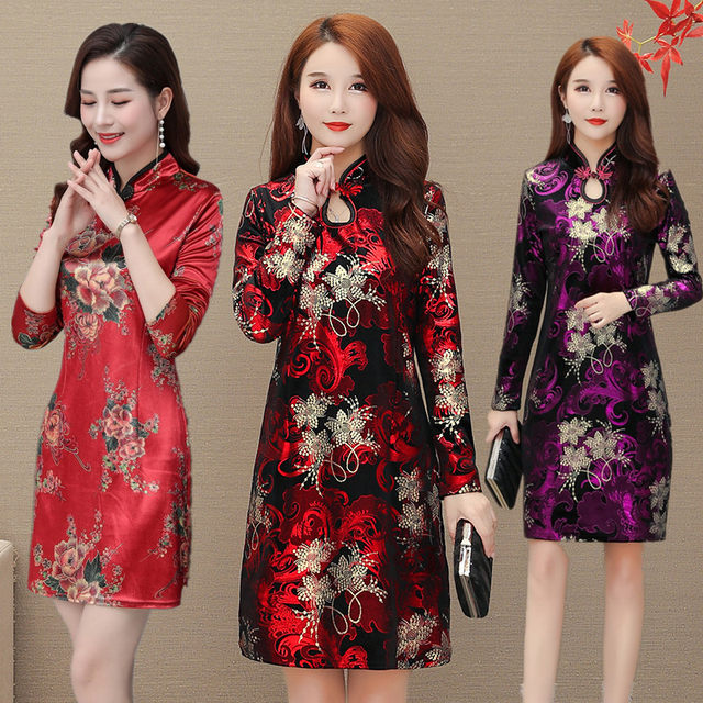 2020 spring new middle-aged middle-aged mother of gold velvet shirt improved cheongsam dress and long sections 2020 spring new middle-aged middle-aged mother of gold velvet shirt improved cheongsam dress and long sections