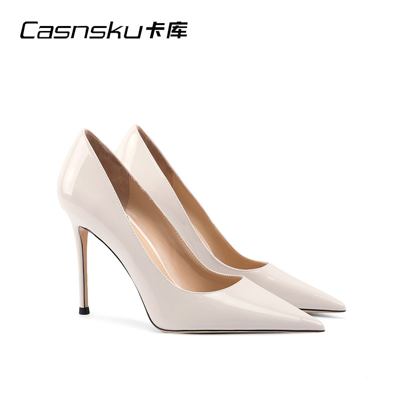 casnsku/卡库2021夏季新款漆皮白色尖头高跟鞋女细跟气质百搭单鞋商品