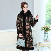 New fox fur collar printed embossed leather womens boutique long sheepskin fur one-piece coat mother outfit