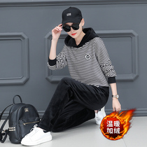 Golden Velvet Sports Suit Women Winter 2021 New Stripes Plus Suede Thickened Korean Version Clothing Casual Wear two sets