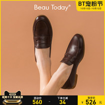 BeauToday Spring and Autumn New coarse heel French loafers retro English leather shoes flat womens shoes
