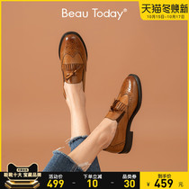 BeauToday spring and autumn brown loafers women shoes British style thick bottom soft sole leather shoes simple retro