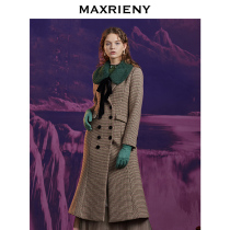 MAXRIENY new retro plaid contrast color wool collar ruffle long wool coat womens plaid jacket waist