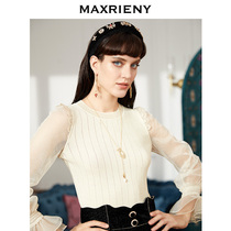 MAXRIENY 2020 autumn new lantern sleeve pullover slim mesh stitching top temperament vintage sweater