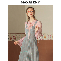 MAXRIENY 2020 spring and autumn fashion plaid medium and long pleated skirt suspender dress for women