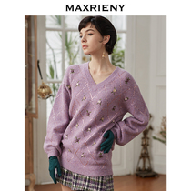 MAXRIENY2020 winter new V-neck embroidered top womens long-sleeved pullover straight loose wool sweater