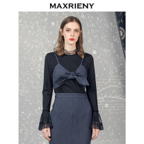 MAXRIENY new retro round neck lace round neck bow suspender top two-piece short section