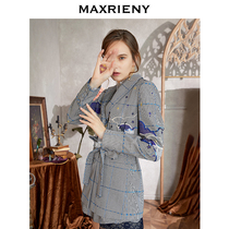 MAXRIENY 2020 autumn new suit collar long-sleeved lace-up waist suit starry flocked plaid coat female