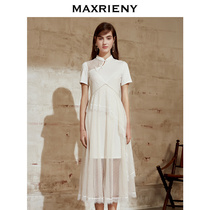 MAXRIENY stand-up collar national style dress 2021 summer new womens short-sleeved princess dress medium-long mesh skirt
