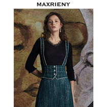 MAXRIENYgina Gina with vintage V-neck knitted top long-sleeved lace shirt short base shirt