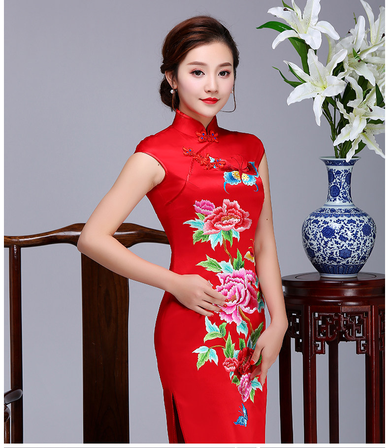 旗袍2019新款 高端长款复古礼服红色重磅真丝绣花旗袍新娘敬酒服