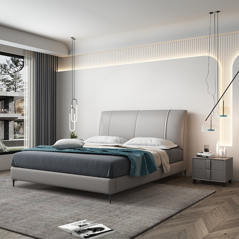 Simple and modern leather bed 1.8m master bedroom wedding bed Nordic 1.8m double bed luxury 1.35m children's bed (21433:50753460:size:1800mm*2000mm;1627207:665952985:Color classification:真皮床+2床头柜;122216927:671728493:Furniture structure:Barometric structu