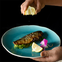 ins blue Net red wind ceramic plate Western restaurant steak plate ice cracked glaze special-shaped household dish plate defects