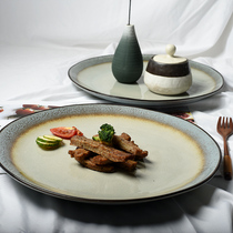 Japanese quaint super large plate creative ceramic tableware Western plate ice cracking glaze reduction glaze flat plate steak plate defects