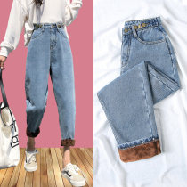 Velvet jeans womens straight loose 2021 new winter high-waisted Harun thin radish thickened dad pants