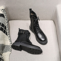 Martin boots womens British style 2021 autumn and winter new flat-bottomed wild plus velvet boots womens real leather mid-barrel boots