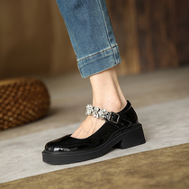 Mary Treasures Shoes 2021 new Summer 100 Lapped Lacquer Leather Water Drill Coarse heel Single shoe woman with small leather shoes